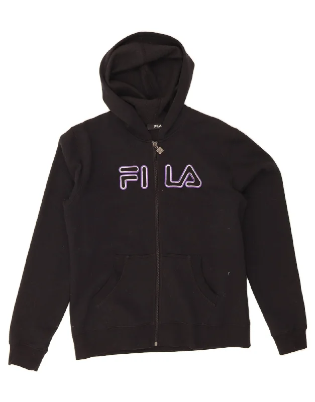 FILA Womens Graphic Zip Hoodie Sweater UK 16 Large Black Cotton