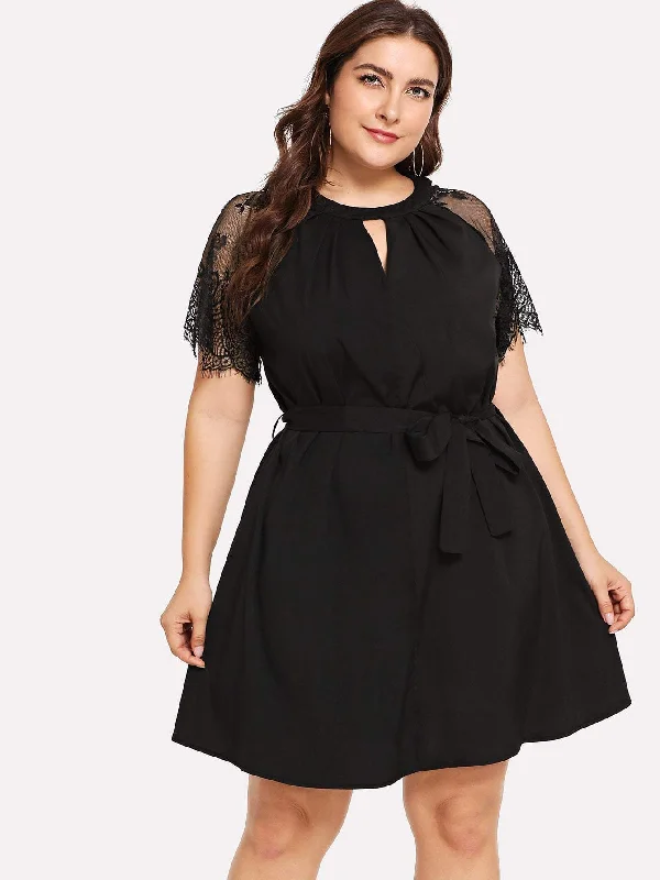 Plus Floral Lace Insert Belted Dress