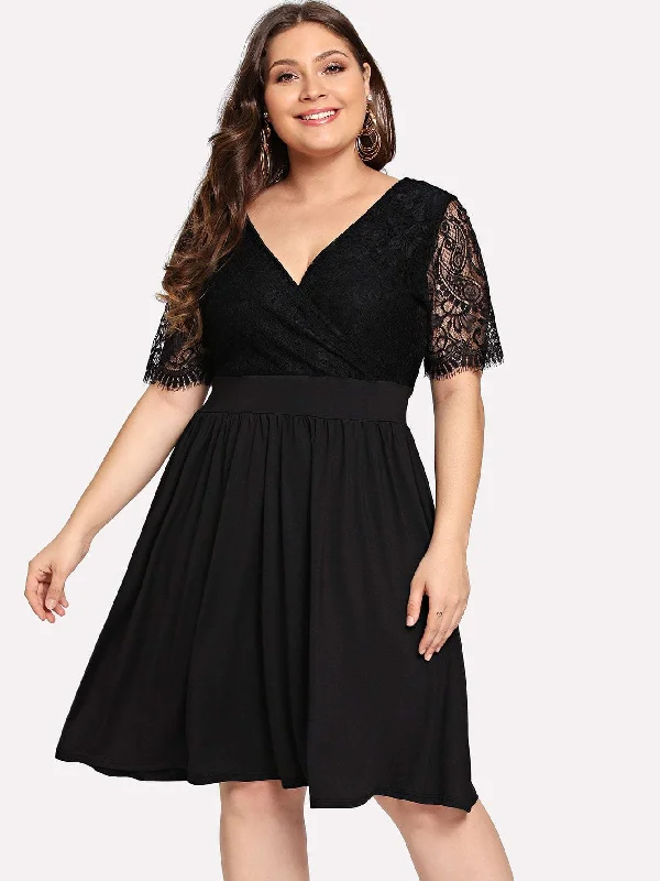 Plus Contrast Lace V Neck Dress