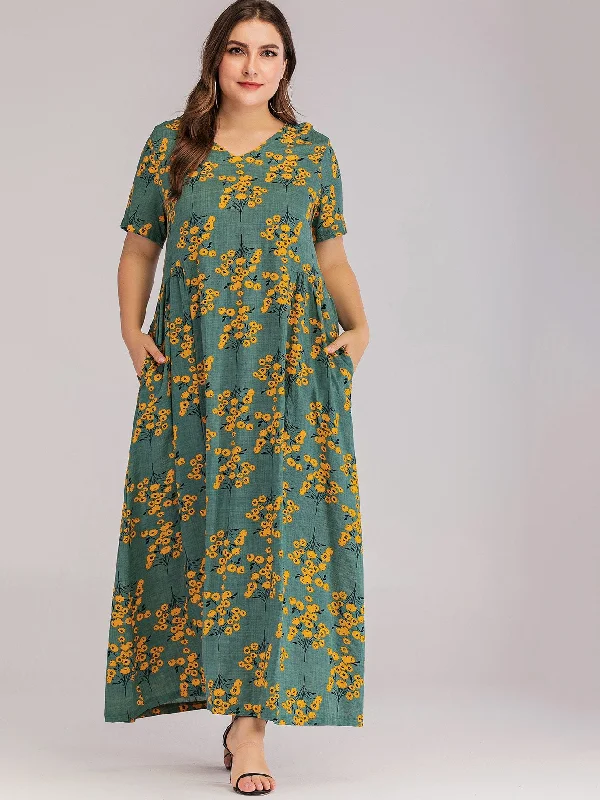 Plus Ditsy Floral Print Hidden Pocket Maxi Dress