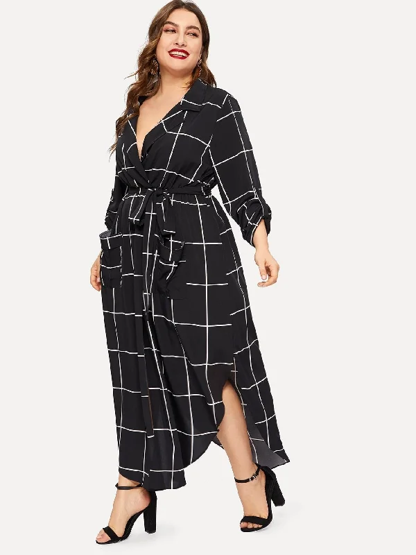 Plus Notch Collar Curved Hem Wrap Grid Dress