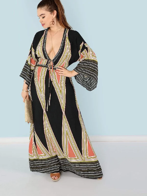  Plus Plunging Neck Bell Sleeve Geo Maxi Dress