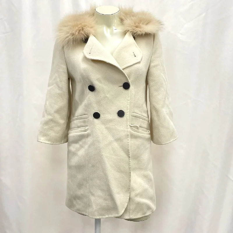 Olive Des Olive Women's Sz 1 Wool Blend Ivory Trench Coat w/Fox Fur Collar