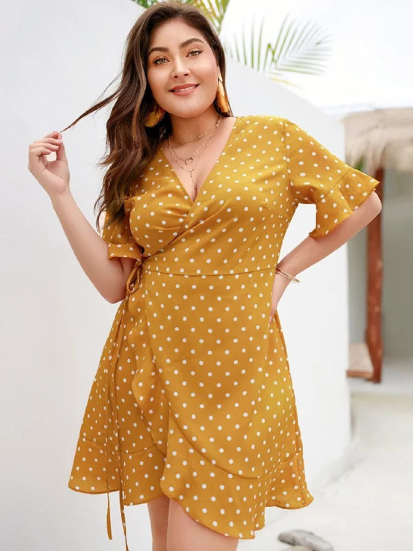 Plus Polka Dot Wrap Tie Side Dress