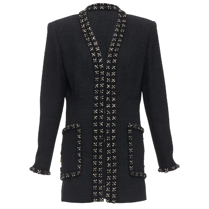 Chanel tweed crosshatch braided Lionheart button long coat