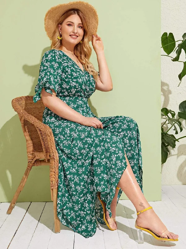 Plus Ditsy Floral Knot Cuff Hanky Hem Wrap Dress