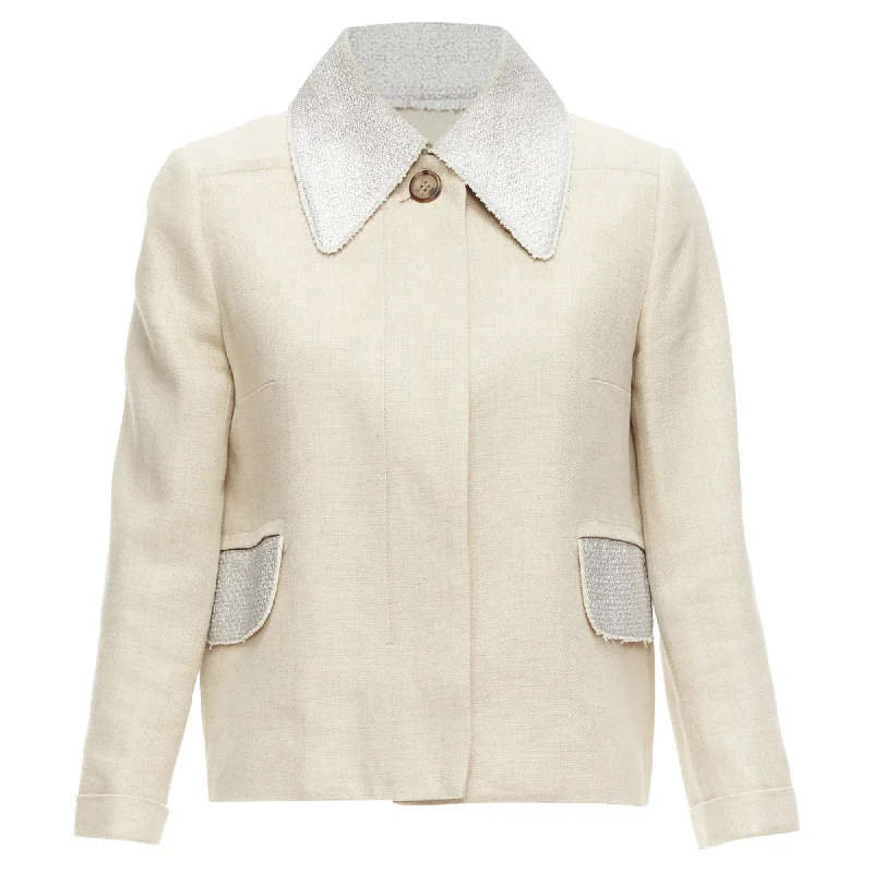 Carven Linen Cotton Blend Tweed Collar Button Boxy Jacket