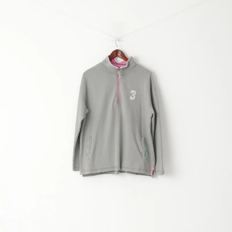 Joules Women L Sweatshirt Grey Cotton Zip Neck Pockets #3 Pullover Top