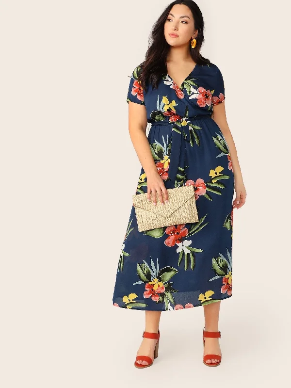 Plus Surplice Wrap Belted Floral Dress