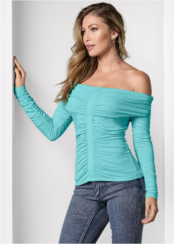 Ruched Off-The-Shoulder Top - Aqua