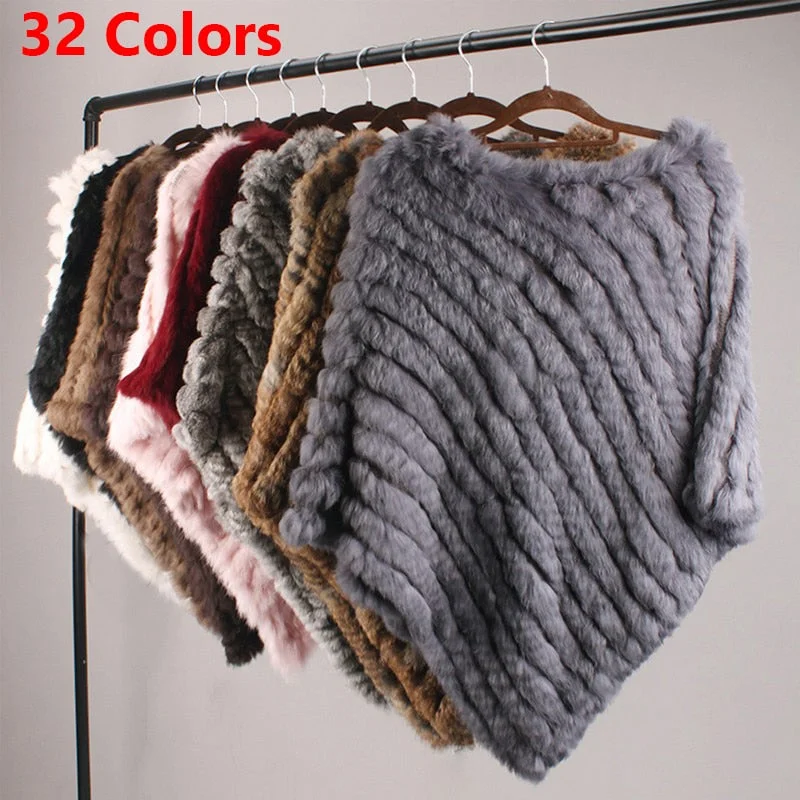 Real Fur Knitted Natural Fur Poncho Vest Fashion Wrap Coat Shawl