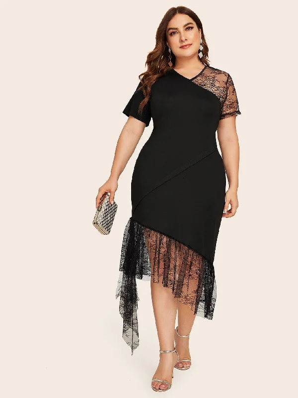 Plus Contrast Lace Asymmetrical Hem Dress