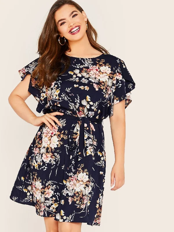 Plus Floral Print Petal Sleeve Belted Dress