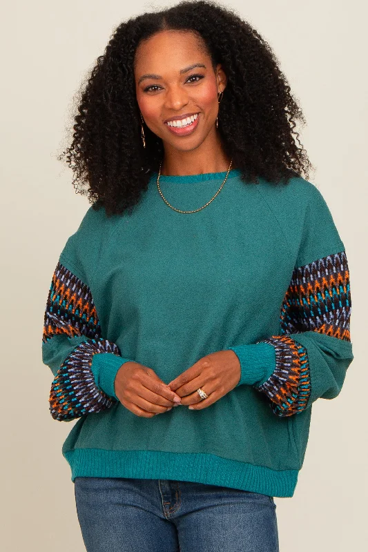 Teal Knit Contrast Sleeve Pullover