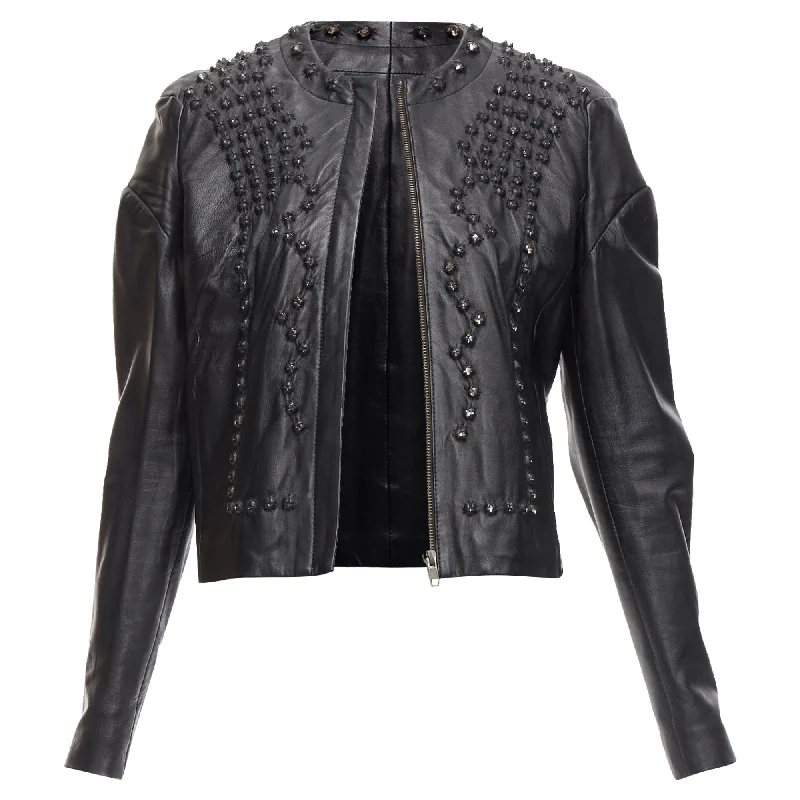 Givenchy Sheepskin Clear Crystal Studded Cropped Leather Jacket