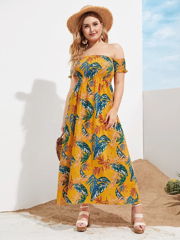 Plus Tropical Print Shirred Off Shoulder Maxi Dress