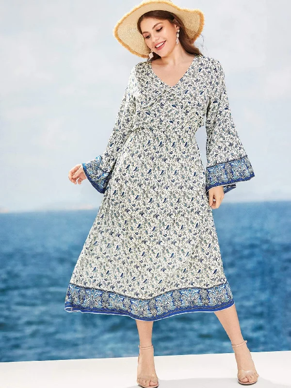 Plus Calico Print Flounce Sleeve Dress