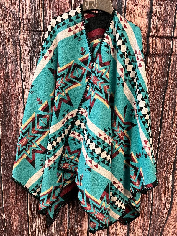 Turquoise & Burgundy Southwest Design Reversible Poncho