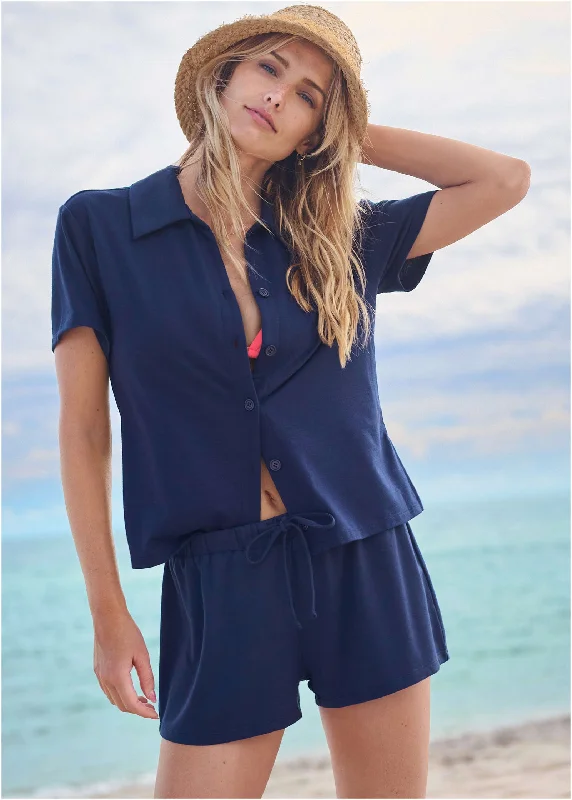 Button Up Cover-Up Top - Ultramarine Blue