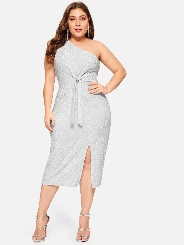 Plus One Shoulder Twist Split Dress