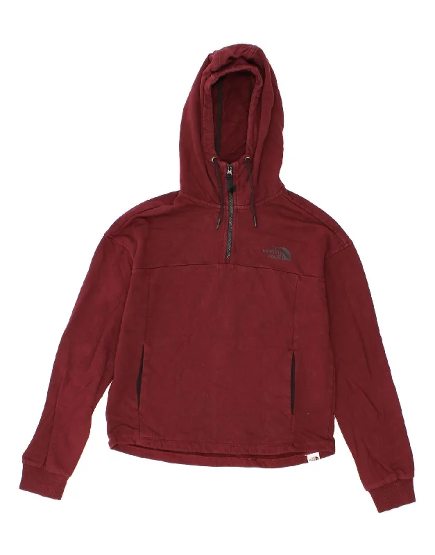 THE NORTH FACE Womens Zip Neck Hoodie Jumper UK 10 Small Maroon Cotton