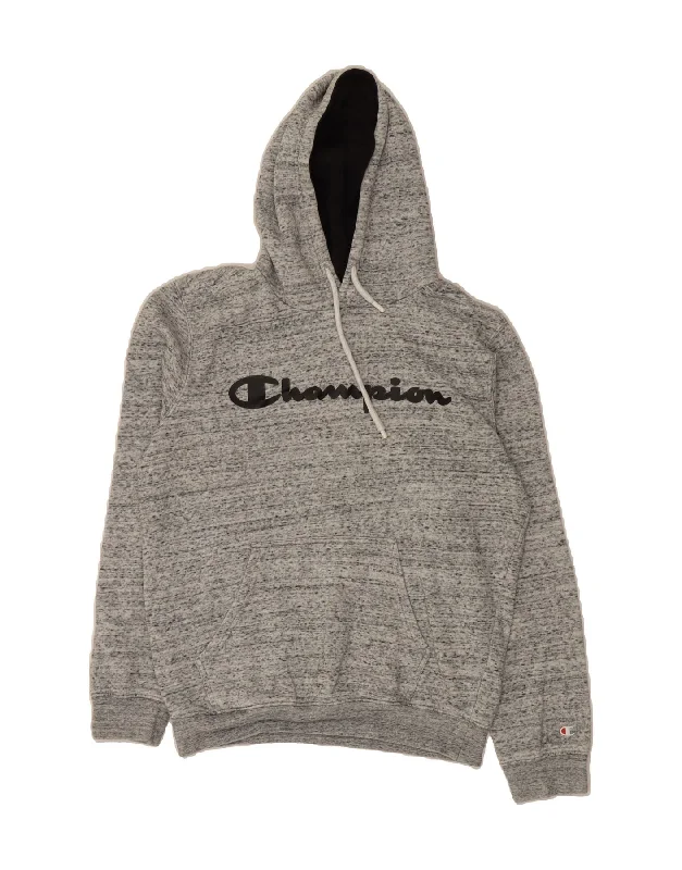 CHAMPION Womens Graphic Hoodie Jumper UK 14 Medium Grey Flecked Cotton