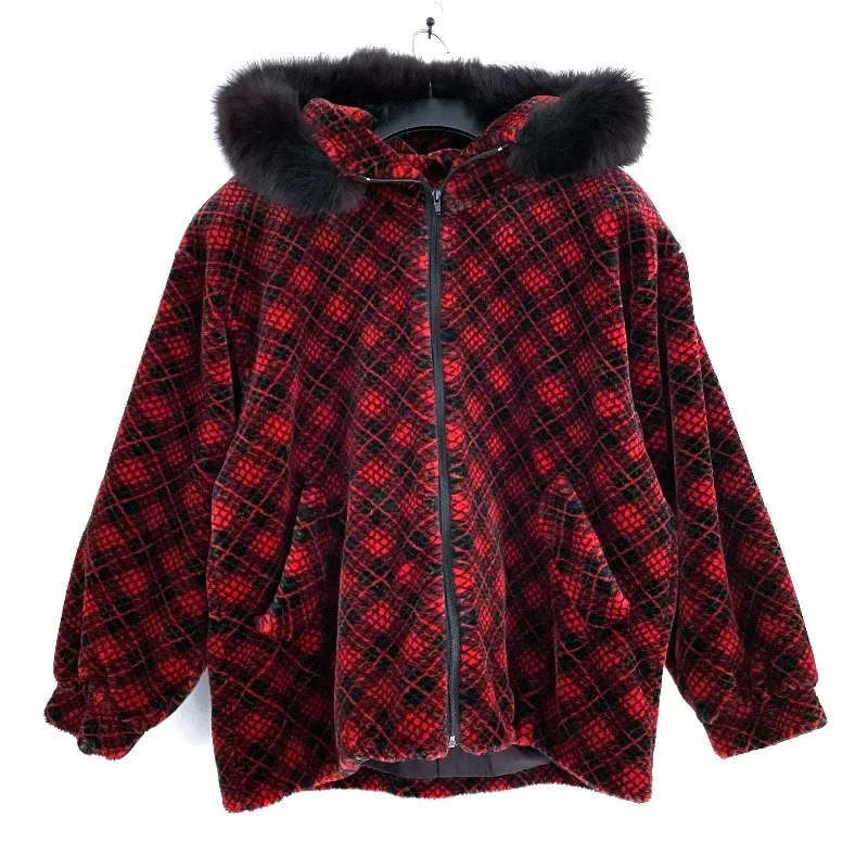 Wmns 80s Vintage HILLMOOR Red Plaid Faux & Genuine Fur Parka Jacket 50" Bust