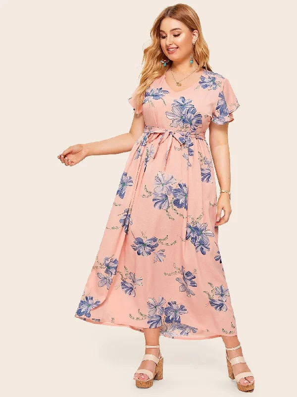 Plus Floral Print Belted Maxi Dress