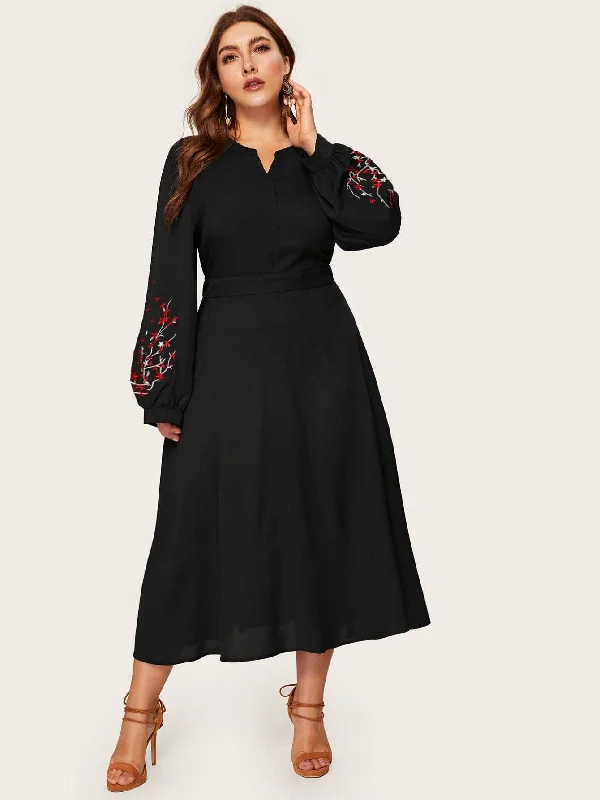 Plus V-cut Neck Embroidered Lantern Sleeve Dress