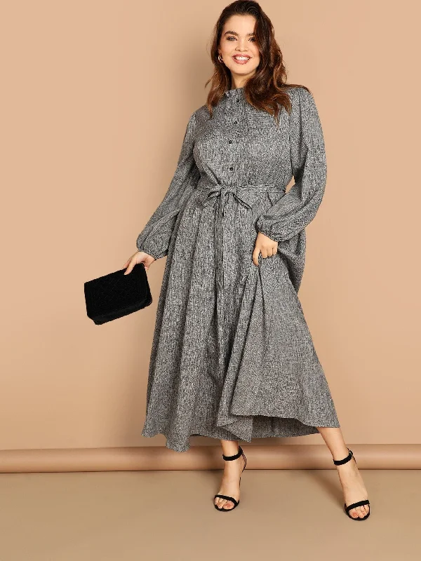  Plus Frill Neck Bishop Sleeve Buttoned Dress