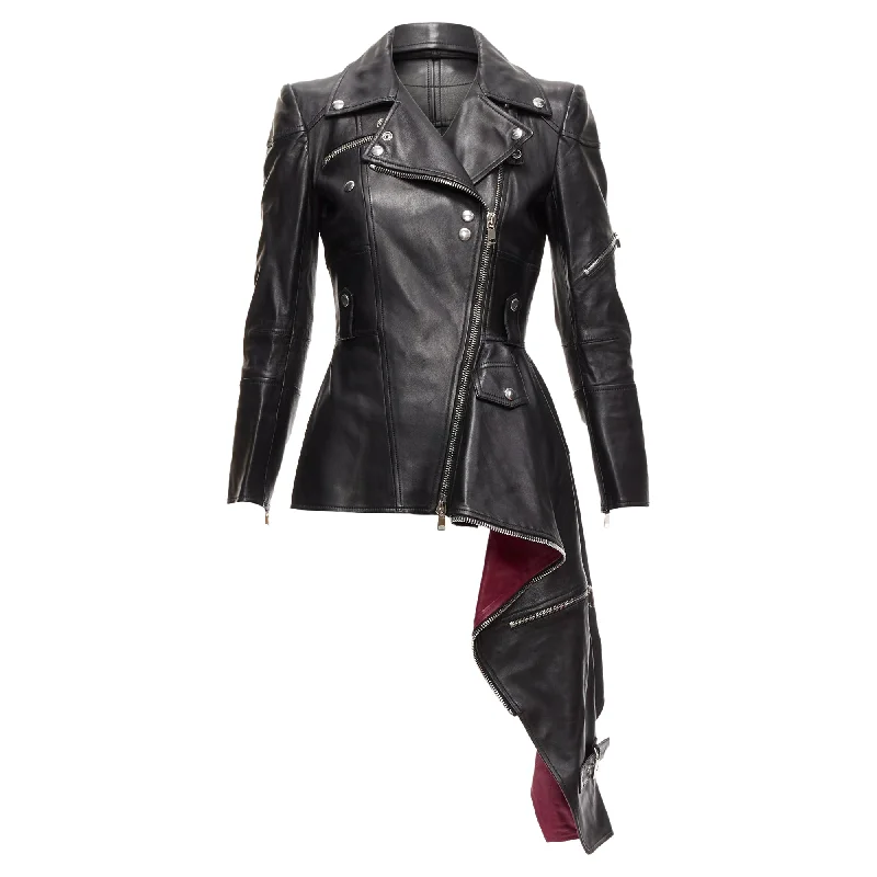 Alexander Mcqueen Leather Zip Asymmetric Hem Biker Jacket