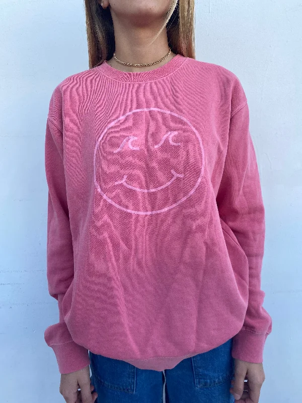 Gypsy Life Surf Shop - Smiley Face Pigment Dyed Crew Neck Sweatshirt - Pigment Pink