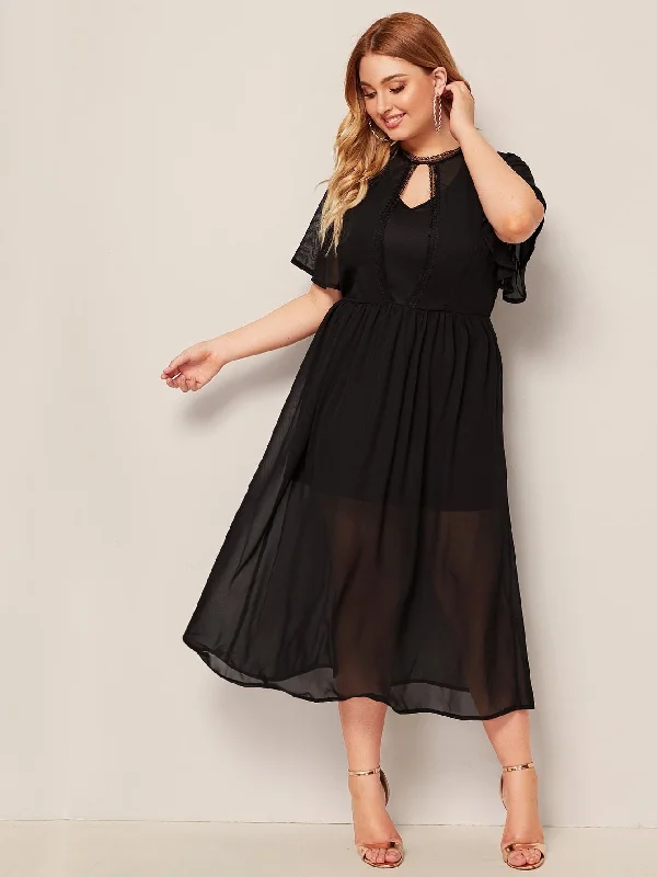 Plus Flutter Sleeve Cut-out Front Lace Trim Dress