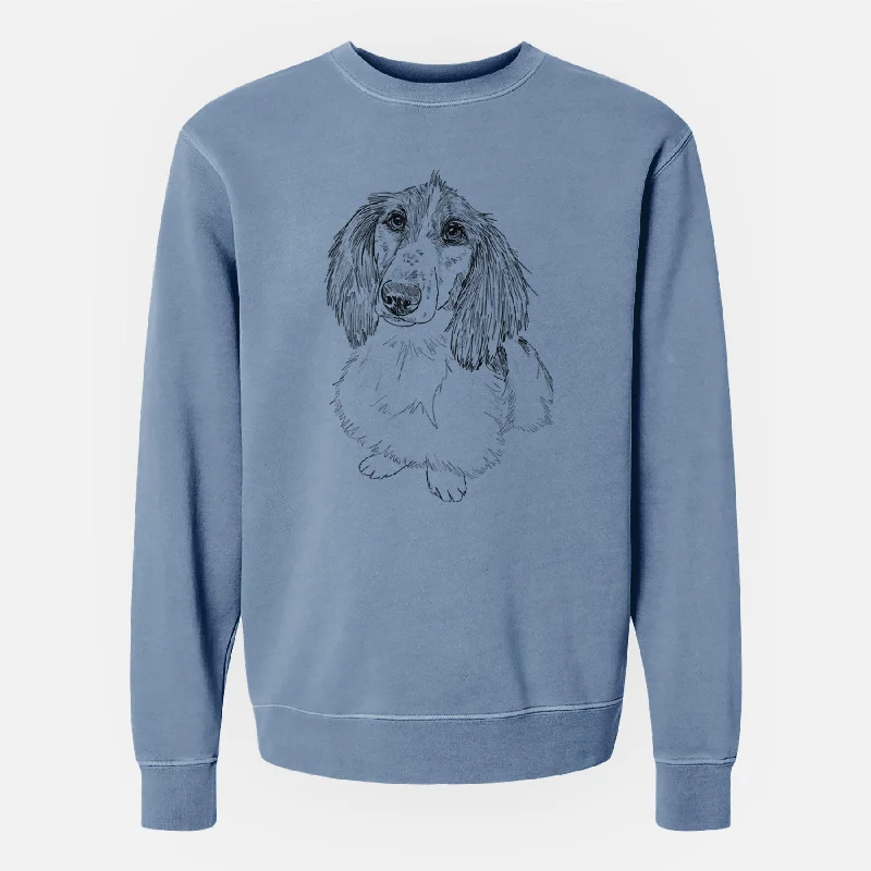 Doodled Bella the Long Haired Dachshund - Unisex Pigment Dyed Crew Sweatshirt