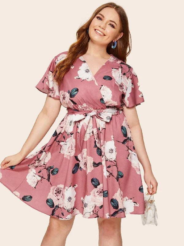 Plus Self Tie Floral Print Surplice Dress