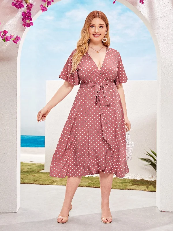 Plus Polka-dot Print Wrap Belted Dress