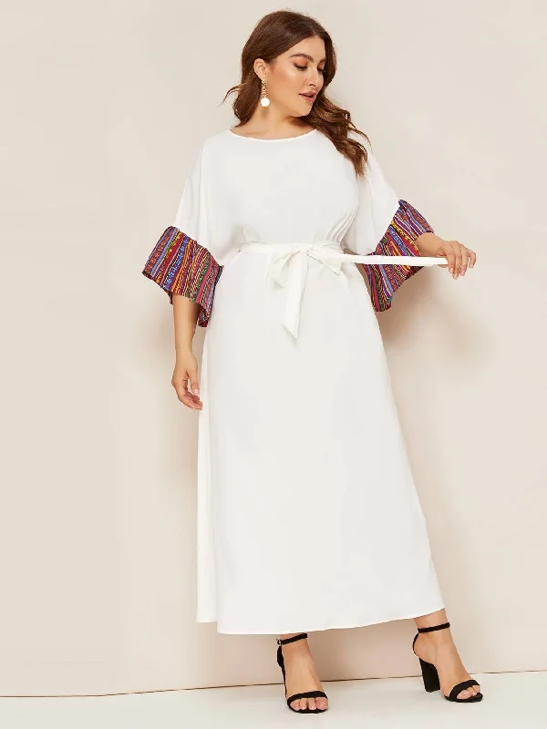 Plus Tribal Print Cuff Keyhole Back Belted Maxi Dress